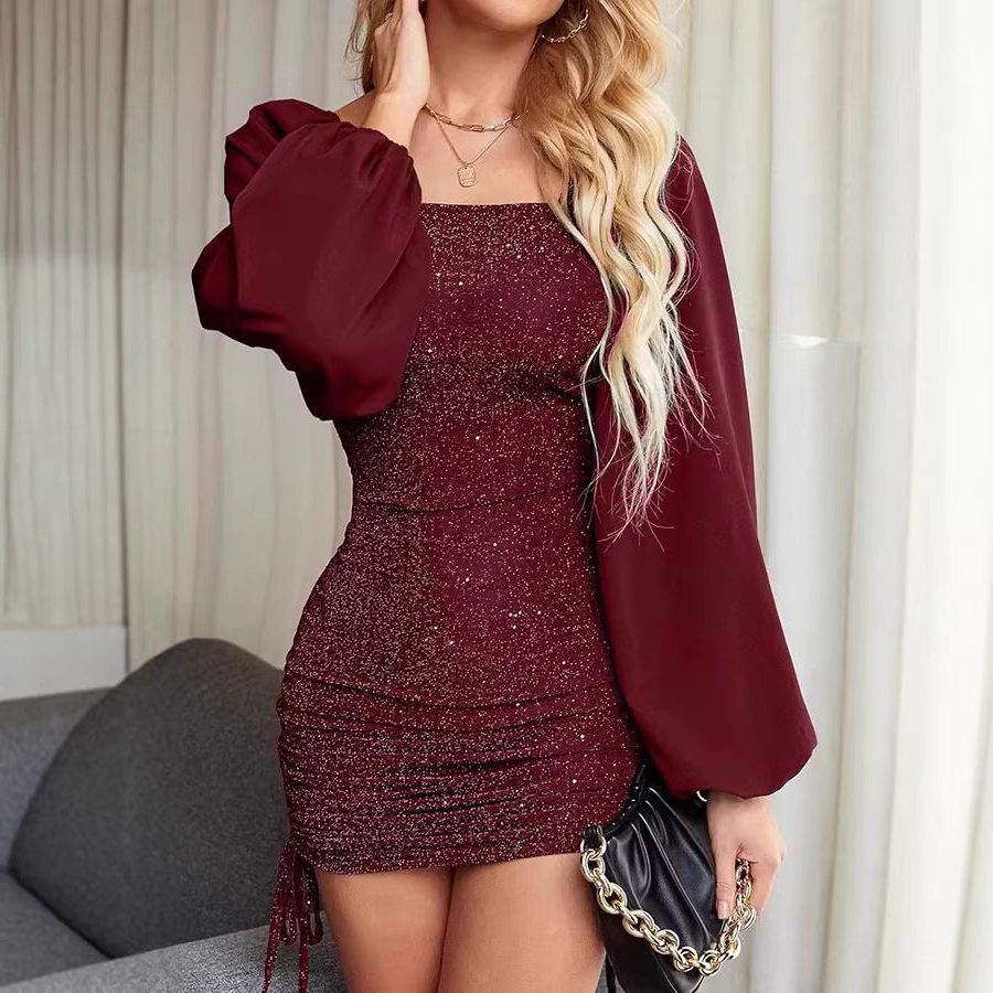 Women's Sequin Mini Dress, Balloon Sleeve Christmas Party Dress