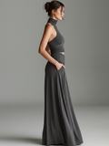 Women's Charcoal Gray Knit Dress Turtleneck Halter Cutout Waist 5