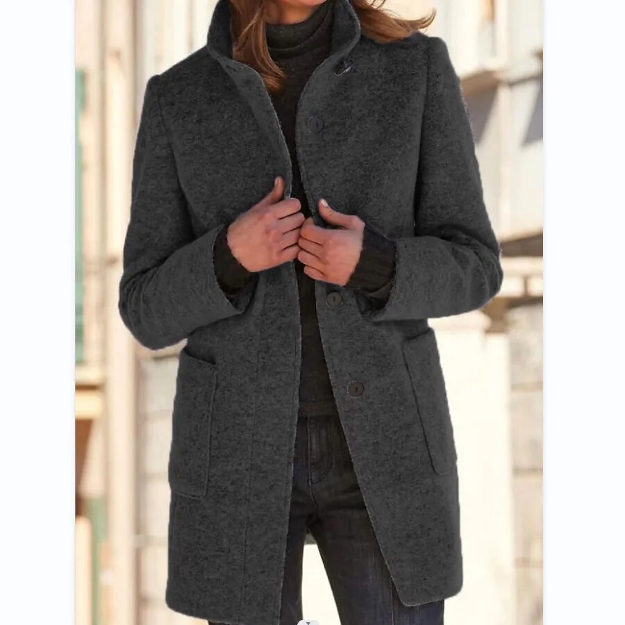 Women's Winter Wool Blend Coat, Round Collar Button-Up