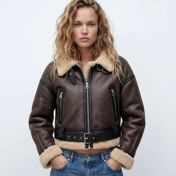 Double-Sided Shearling Cropped Bomber Jacket for Women