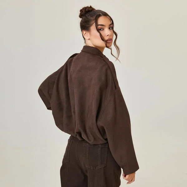 Oversized Faux Suede Bomber Jacket for Women