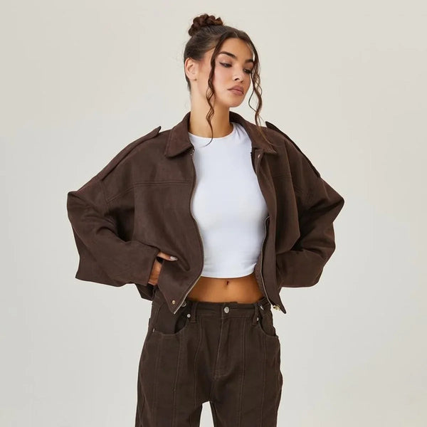 Oversized Faux Suede Bomber Jacket for Women