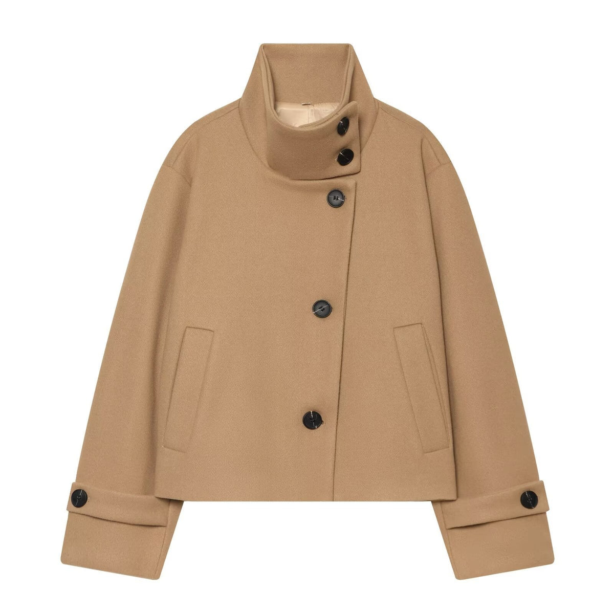 Women's Cropped Wool Blend Coat, High Stand Collar