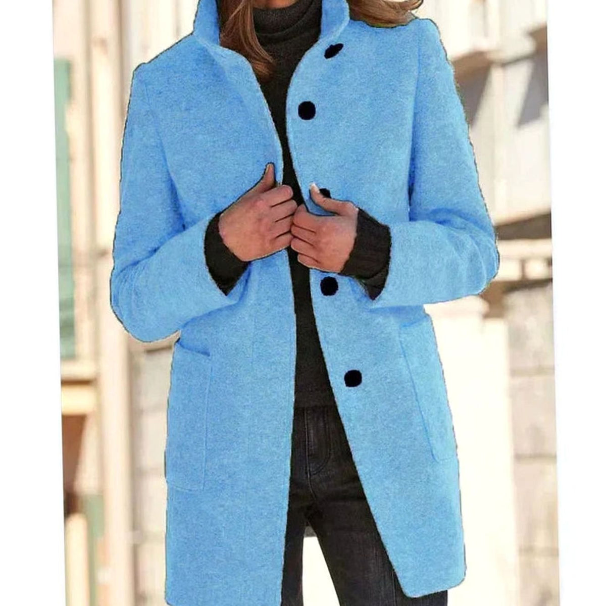 Women's Wool Blend Coat, Stand Collar Mid-Length Button-Up