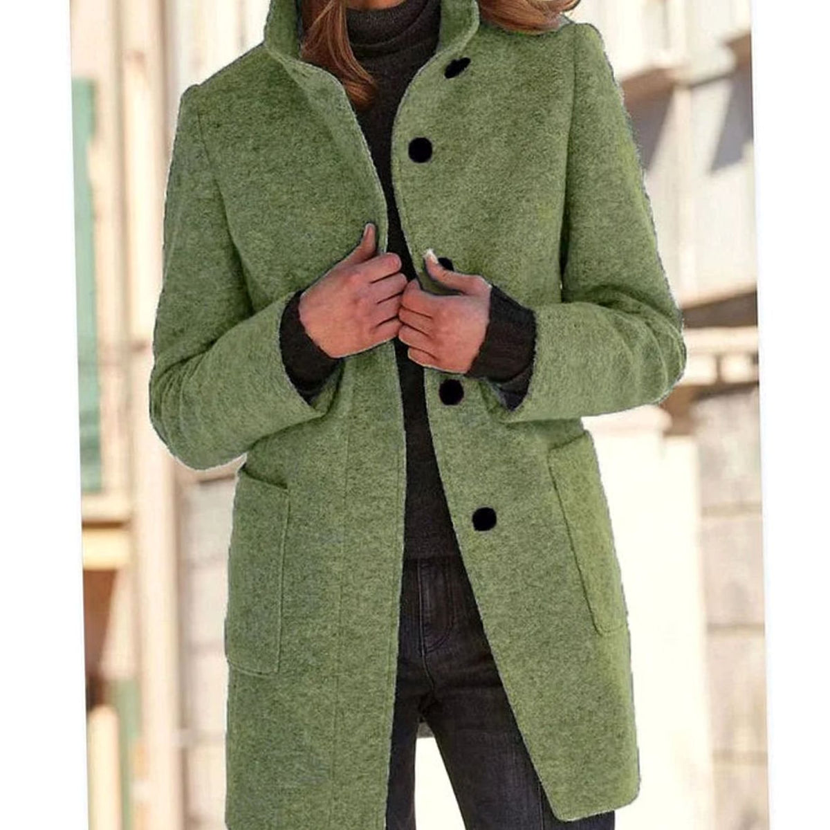 Women's Wool Blend Coat, Stand Collar Mid-Length Button-Up