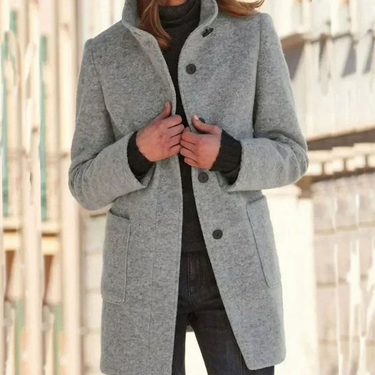 Women's Wool Blend Coat, Stand Collar Mid-Length Button-Up