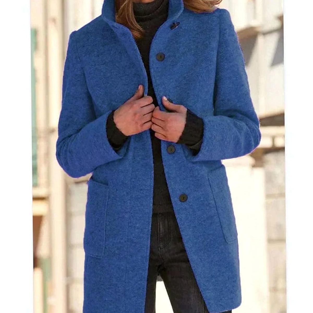 Women's Wool Blend Coat, Stand Collar Mid-Length Button-Up