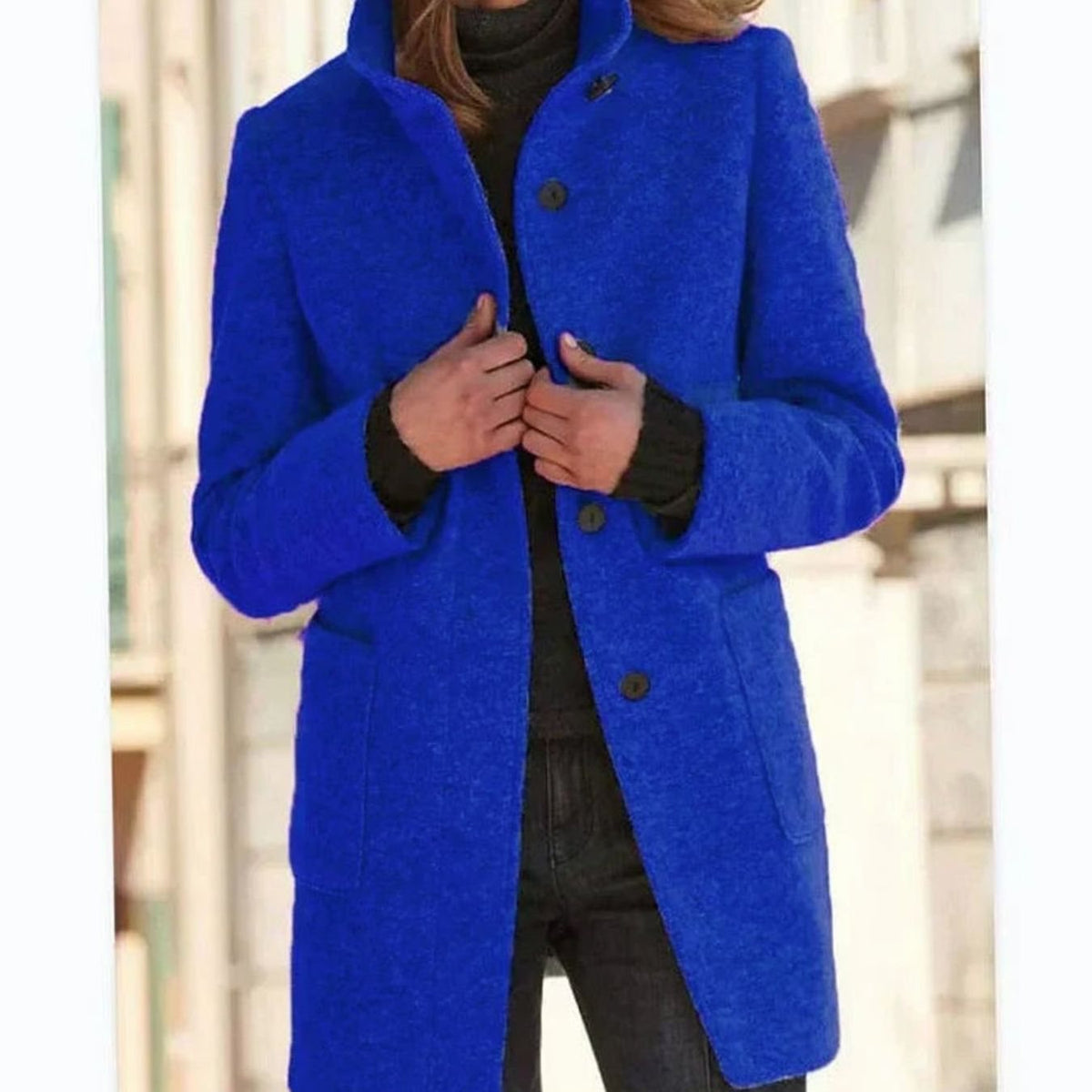 Women's Wool Blend Coat, Stand Collar Mid-Length Button-Up