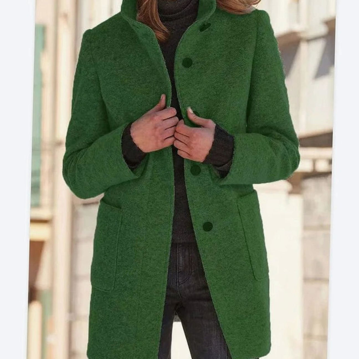 Women's Wool Blend Coat, Stand Collar Mid-Length Button-Up