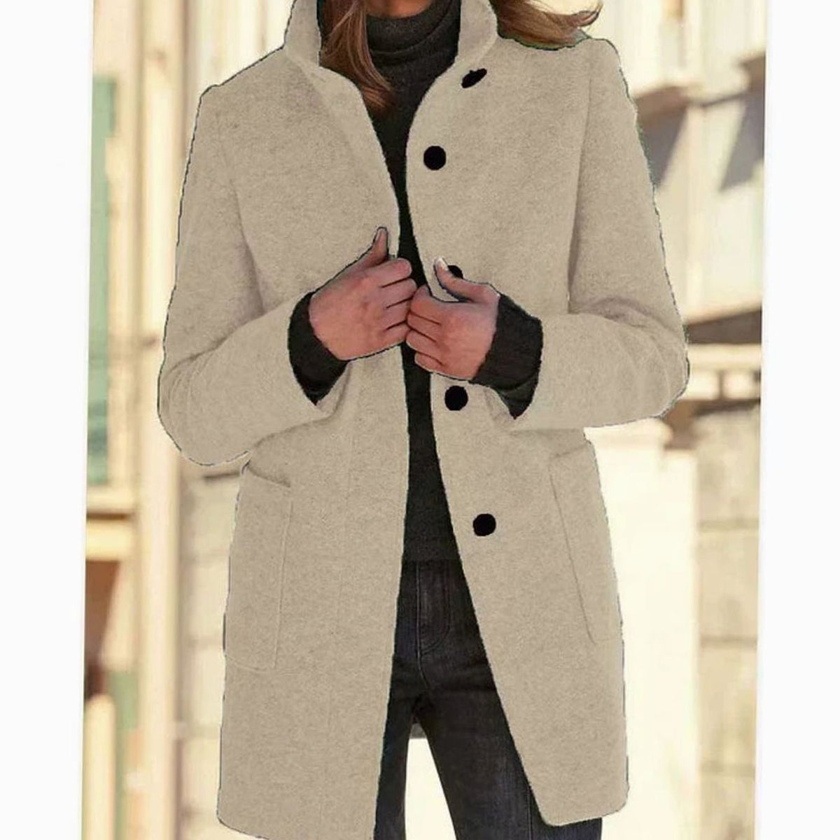 Women's Wool Blend Coat, Stand Collar Mid-Length Button-Up