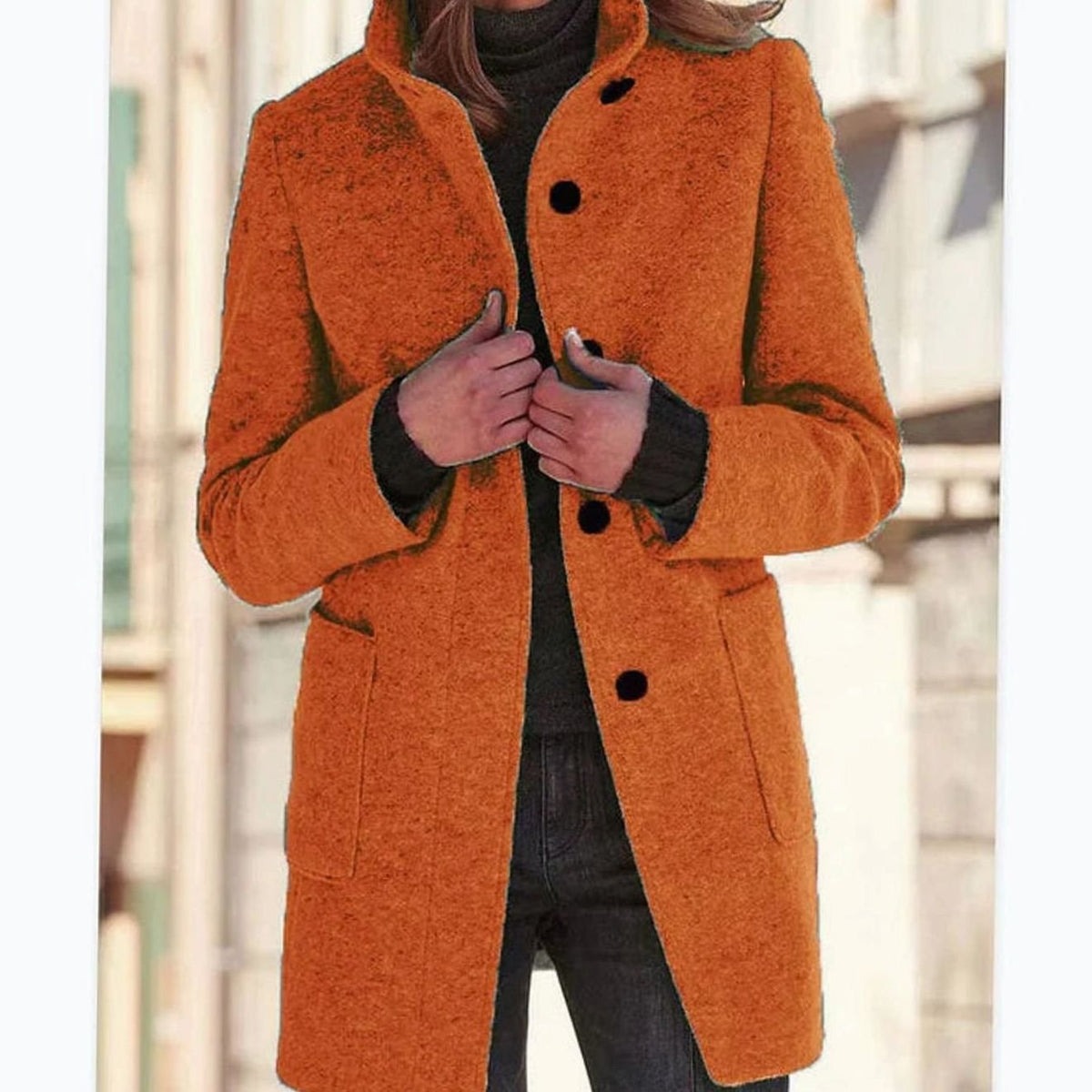 Women's Wool Blend Coat, Stand Collar Mid-Length Button-Up
