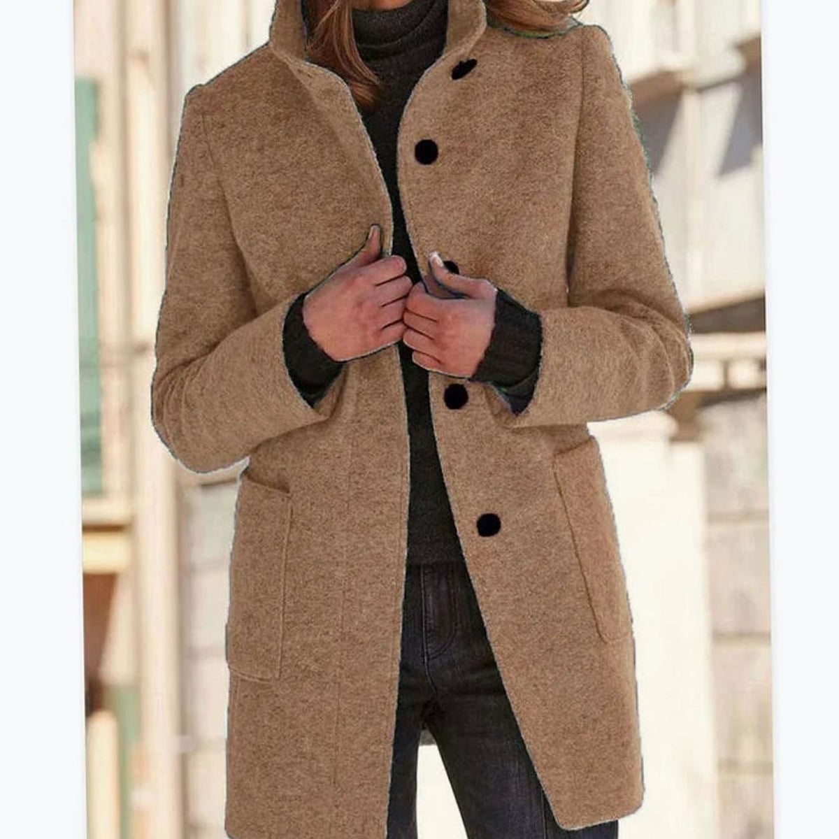 Women's Wool Blend Coat, Stand Collar Mid-Length Button-Up