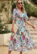 Women's Floral V-Neck Midi Dress Wedding Guest 1
