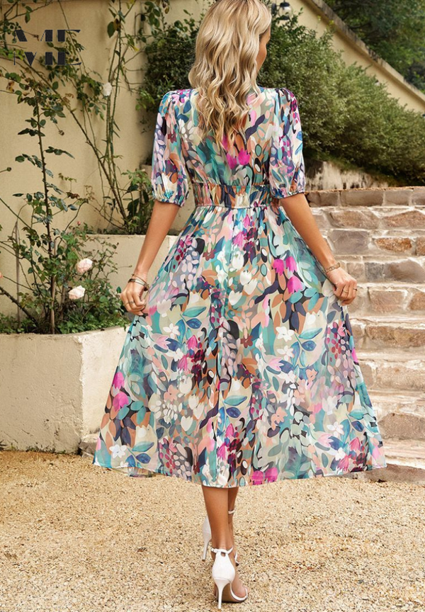 Women's Floral V-Neck Midi Dress Wedding Guest