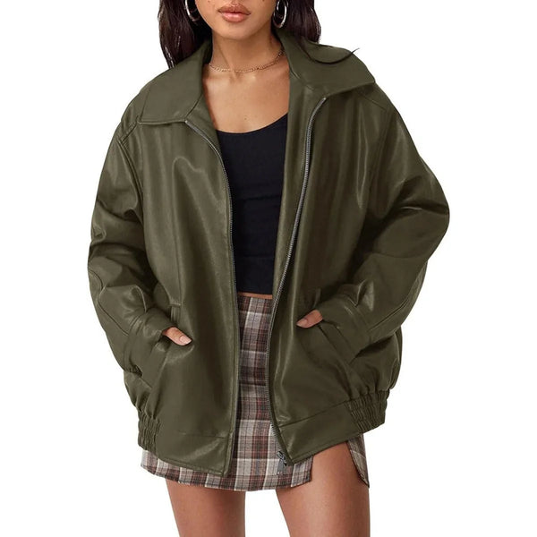 Oversized Leather Bomber Jacket for Women