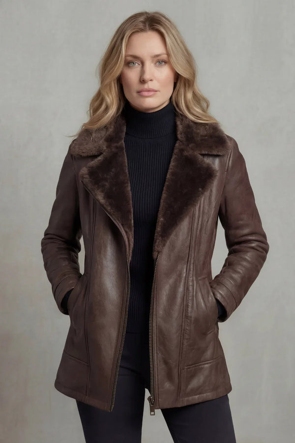 Brown Shearling-Lined Leather Jacket for Women