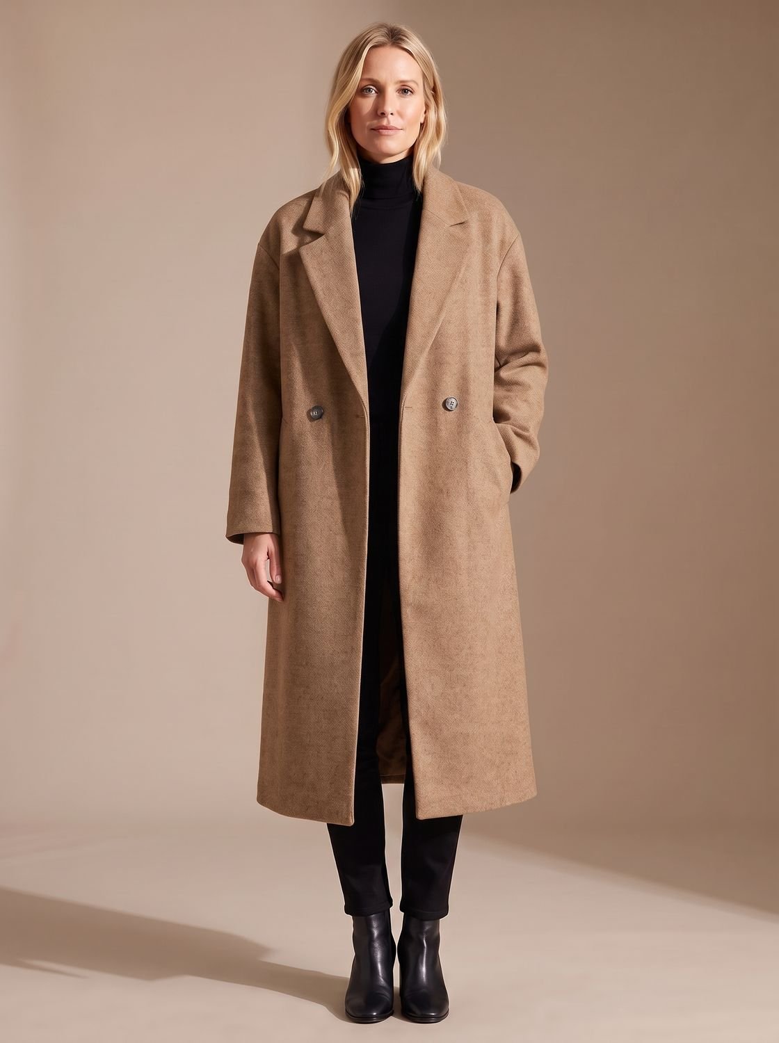 Women's Long Coat, Double-Breasted Relaxed Tailored Fit