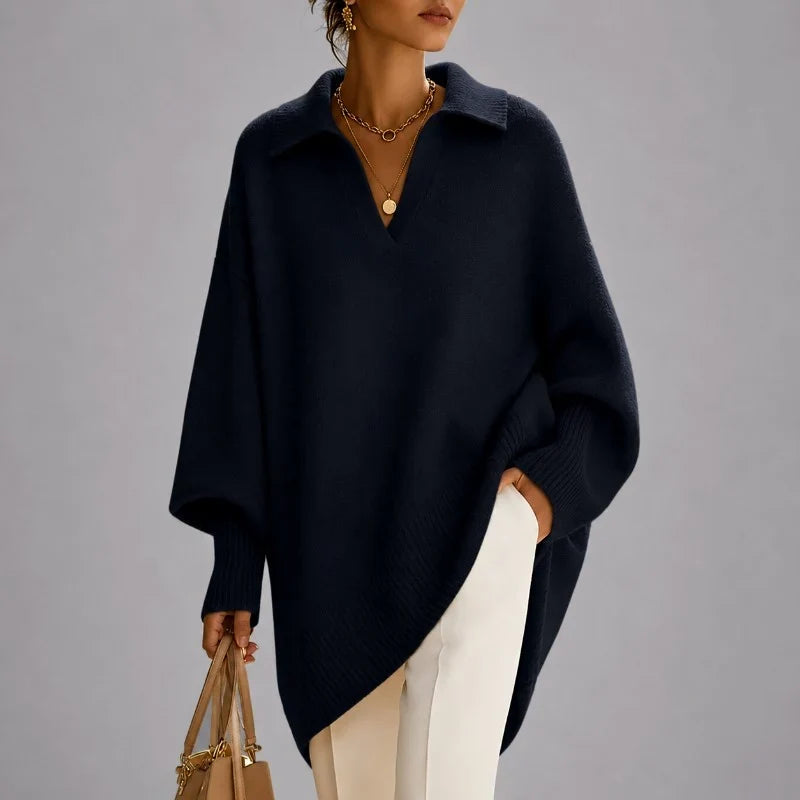 Women's Oversized Jumper, Collared V-Neck Poncho Style
