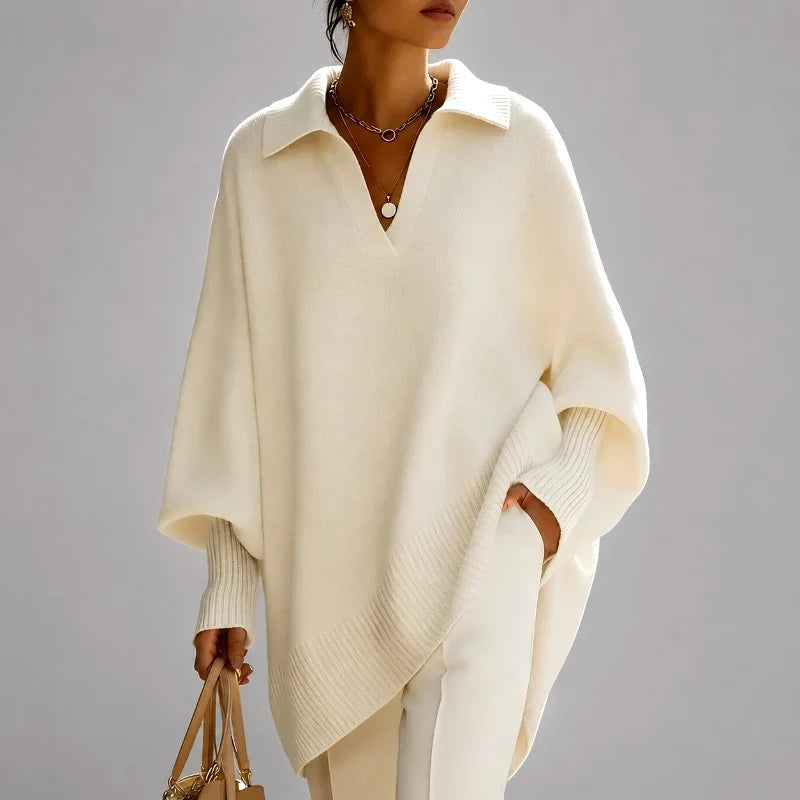 Women's Oversized Jumper, Collared V-Neck Poncho Style