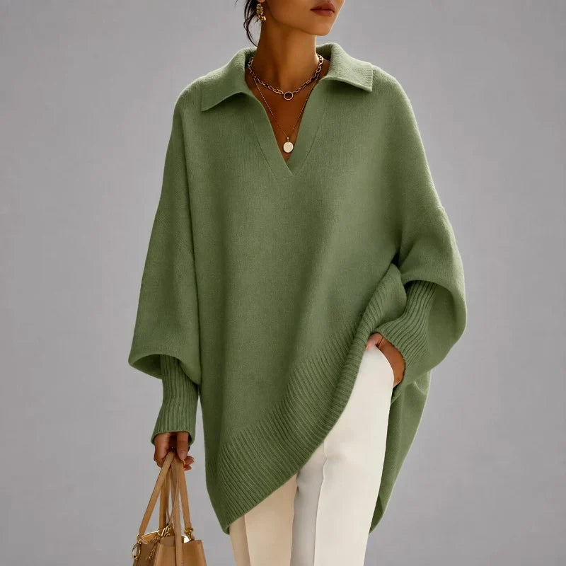 Women's Oversized Jumper, Collared V-Neck Poncho Style