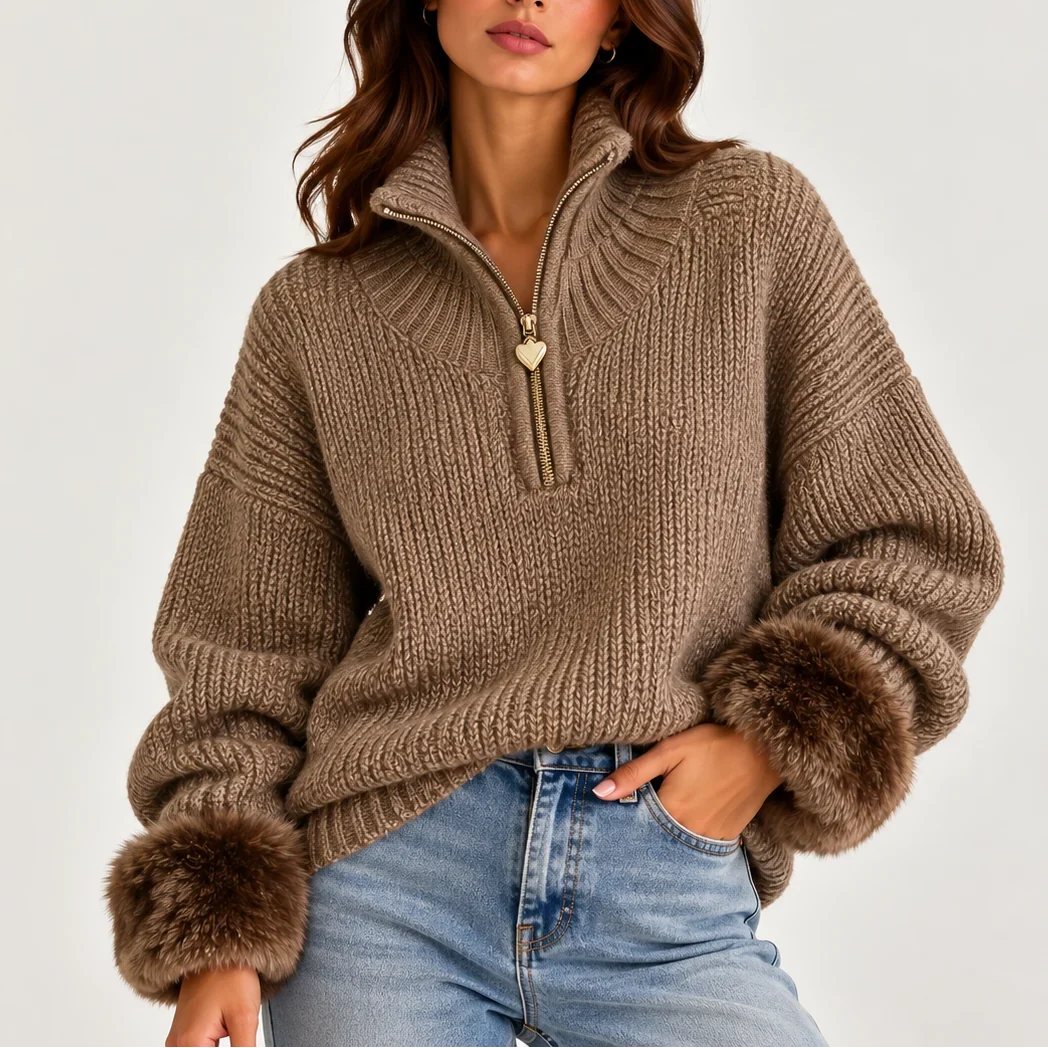Women's Half Zip Jumper, Faux Fur Cuffs High Neck