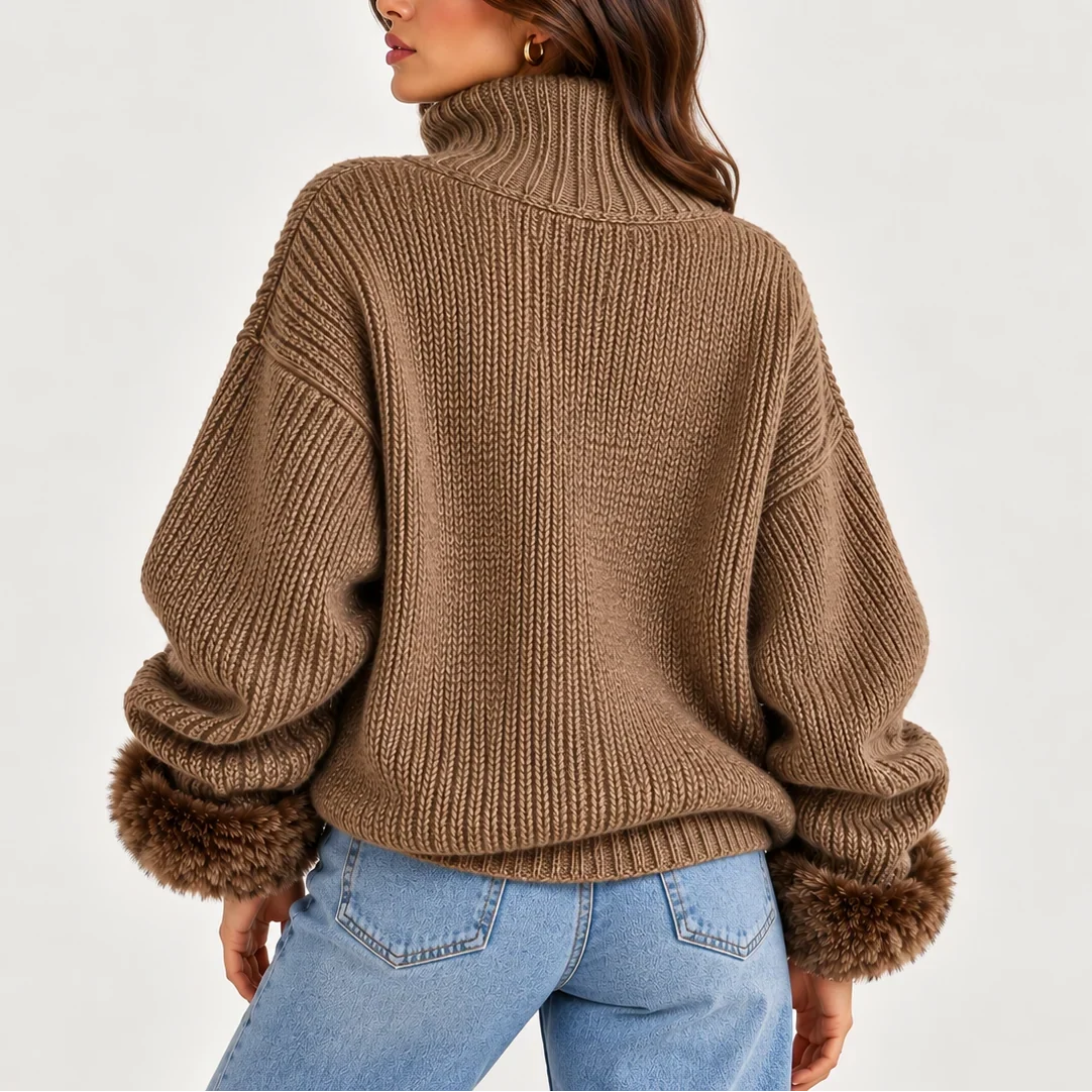 Women's Half Zip Jumper, Faux Fur Cuffs High Neck