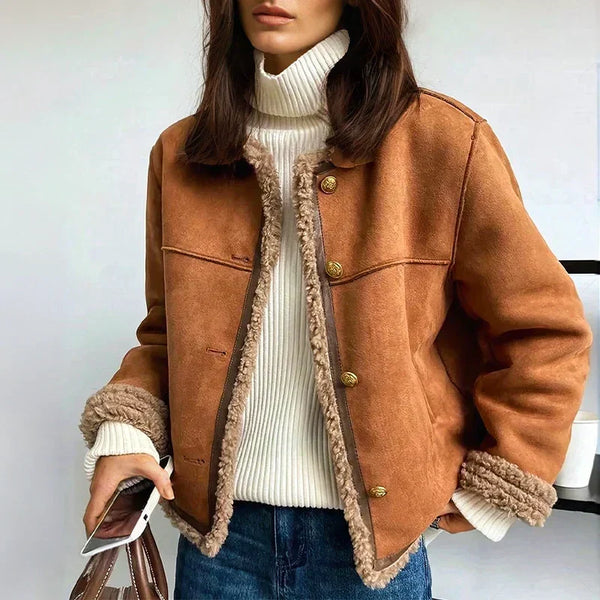 Faux Fur-Lined Suede Shearling Jacket for Women