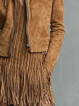 Cropped Lapel Suede Jacket for Women