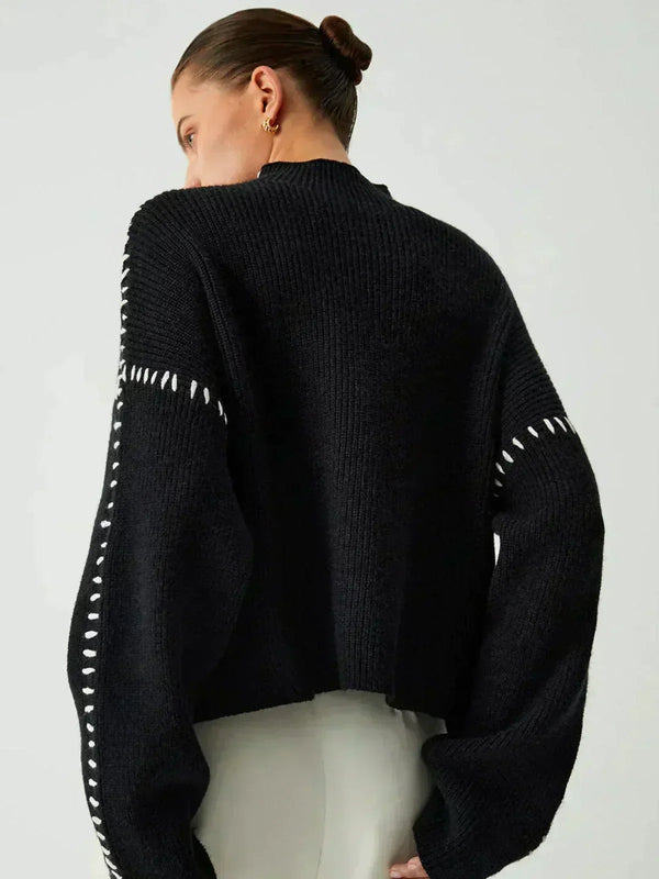 Women's Mock Neck Jumper, Oversized with Whipstitch Seams