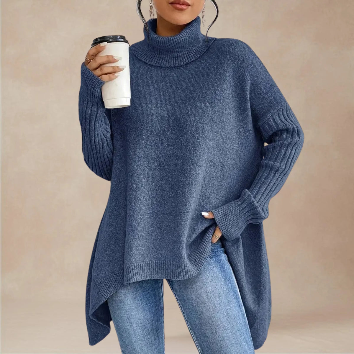 Women's Oversized Roll Neck Jumper, Dipped Side Hem Rib Sleeves