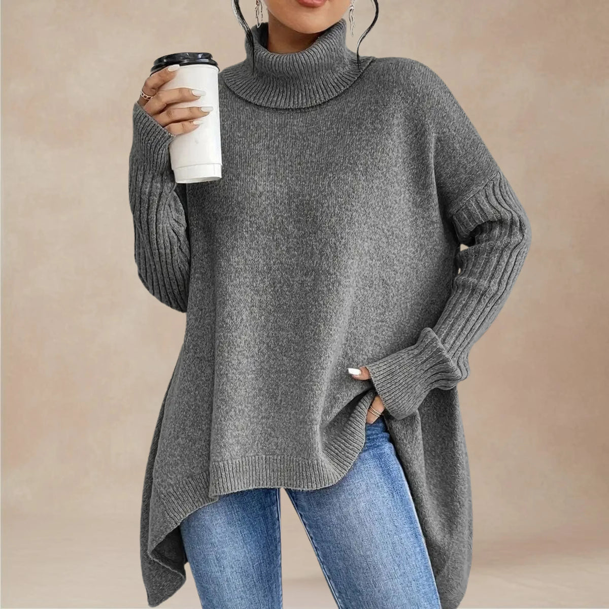 Women's Oversized Roll Neck Jumper, Dipped Side Hem Rib Sleeves