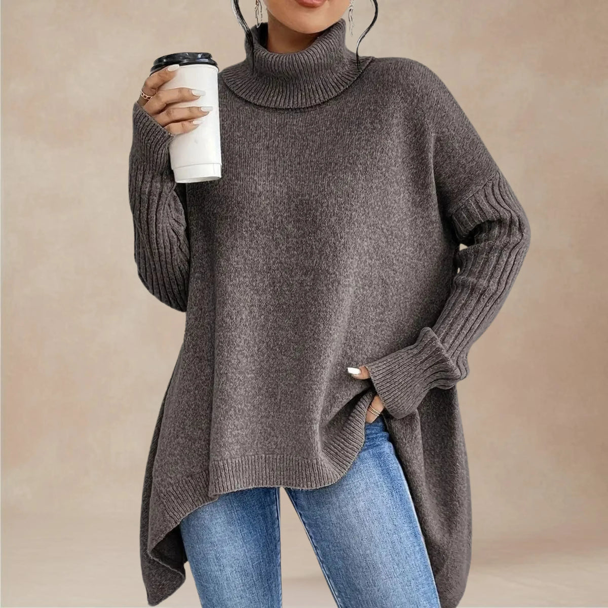 Women's Oversized Roll Neck Jumper, Dipped Side Hem Rib Sleeves