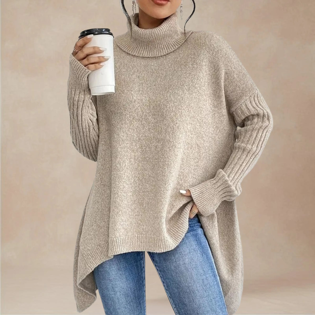 Women's Oversized Roll Neck Jumper, Dipped Side Hem Rib Sleeves