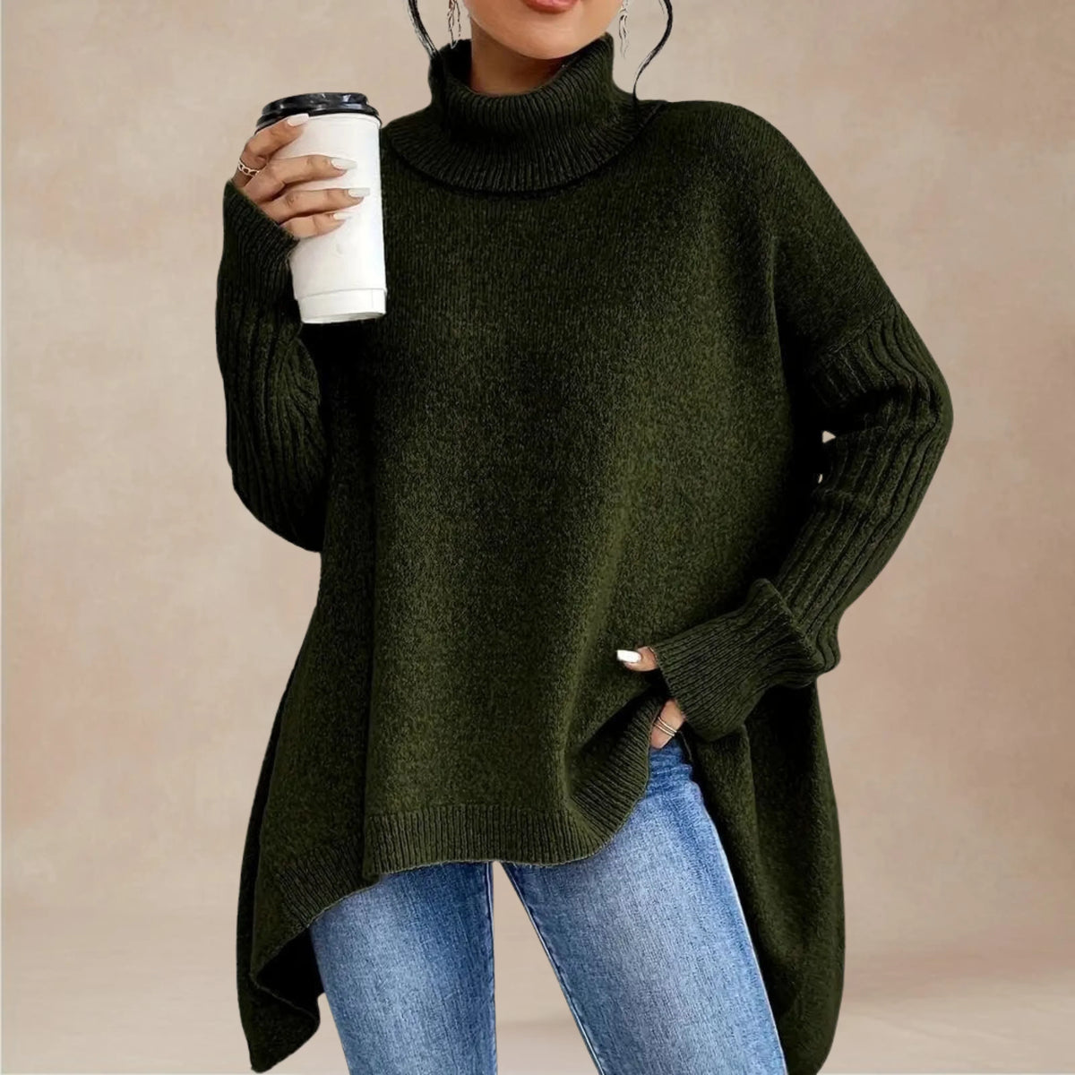 Women's Oversized Roll Neck Jumper, Dipped Side Hem Rib Sleeves