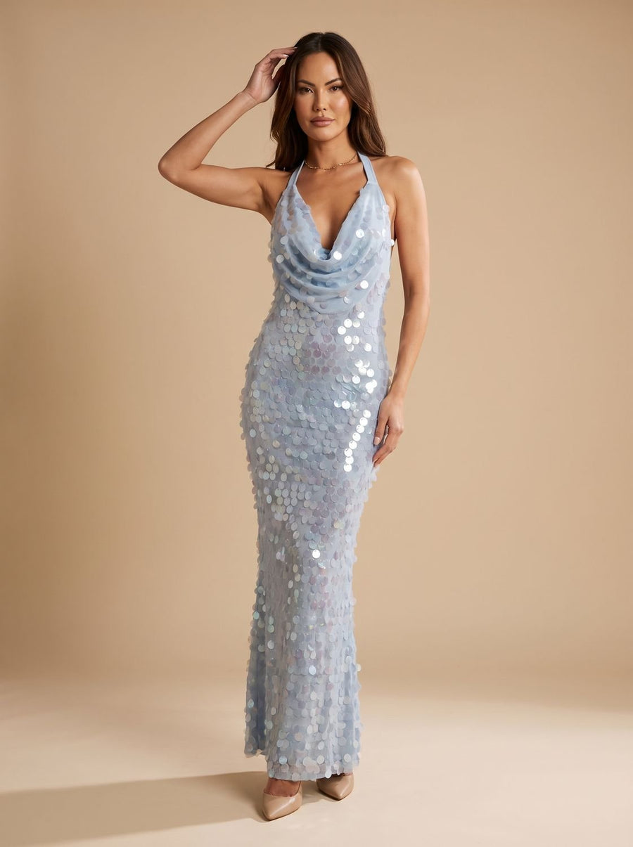 Amelia | Blue Halter Cowl Neck Sequin Maxi Dress for Women