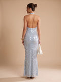 Amelia | Blue Halter Cowl Neck Sequin Maxi Dress for Women 4