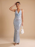 Amelia | Blue Halter Cowl Neck Sequin Maxi Dress for Women 5