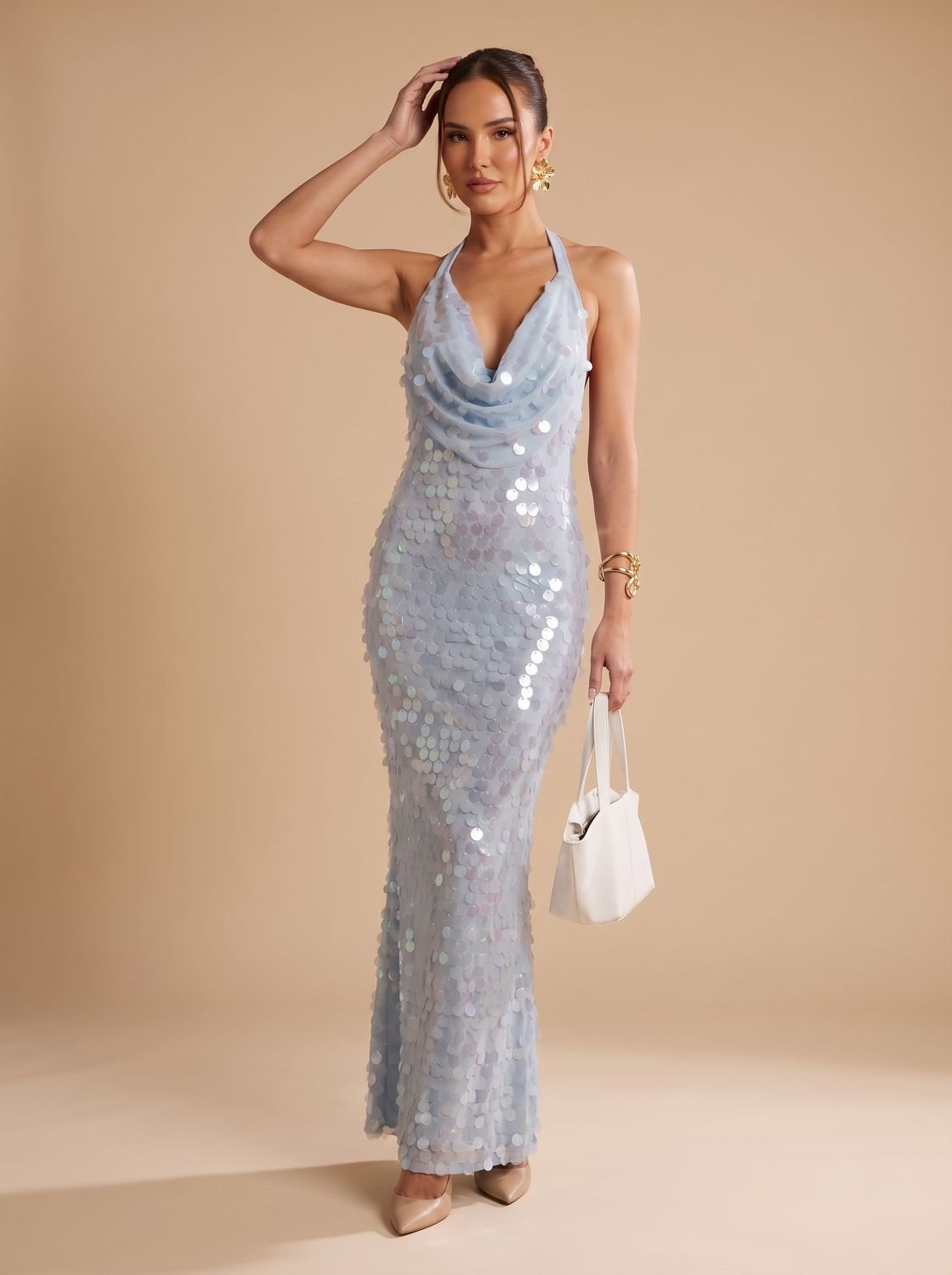 Women's Sequin Maxi Dress with Halter Neck, Evening Dress