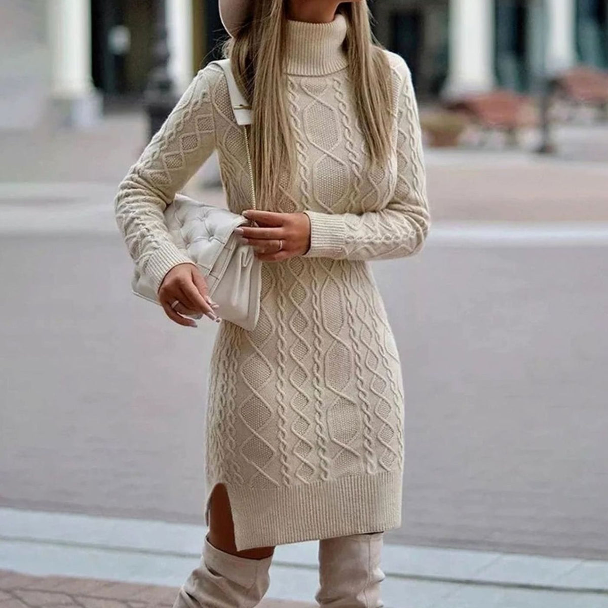 Women's Cable Knit Jumper Dress, Roll Neck with Side Slit