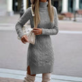 Women's Cable Knit Jumper Dress, Roll Neck with Side Slit 4