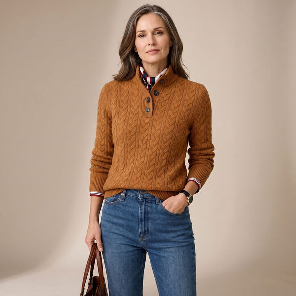 Women's Cable Knit Jumper, Button Neck Mock Collar