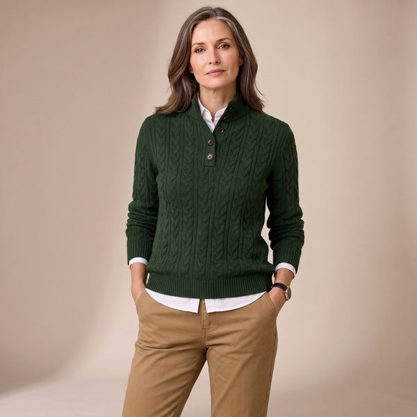 Women's Cable Knit Jumper, Button Neck Mock Collar
