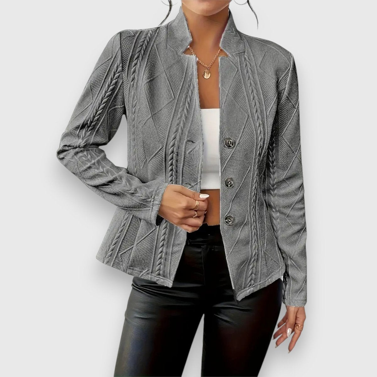 Women's Fitted Cable Knit Cardigan, Stand Collar Button Front
