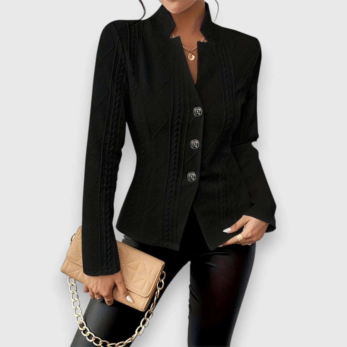 Women's Fitted Cable Knit Cardigan, Stand Collar Button Front