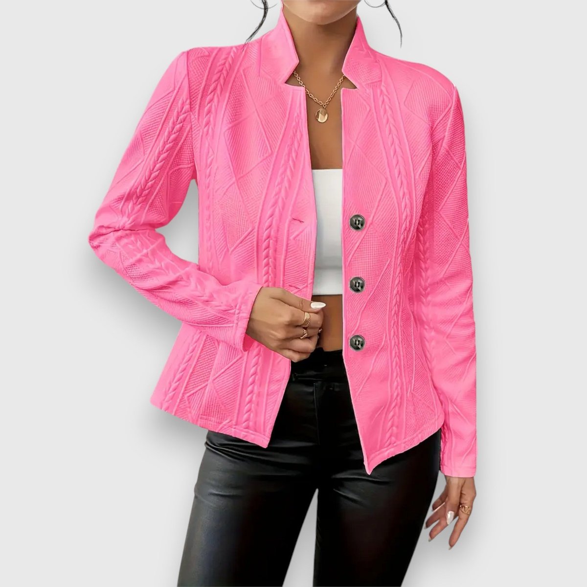 Women's Fitted Cable Knit Cardigan, Stand Collar Button Front