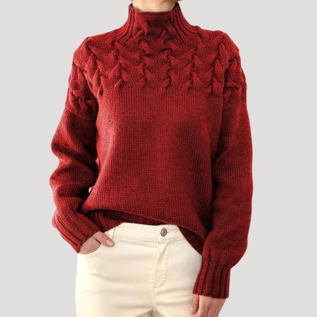 Women's Polo Neck Jumper, Cable Knit Shoulders Relaxed Fit