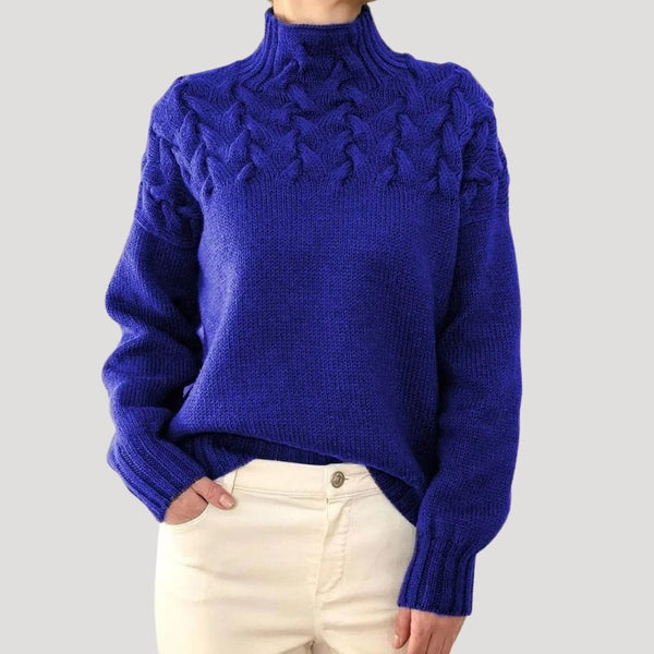 Women's Polo Neck Jumper, Cable Knit Shoulders Relaxed Fit