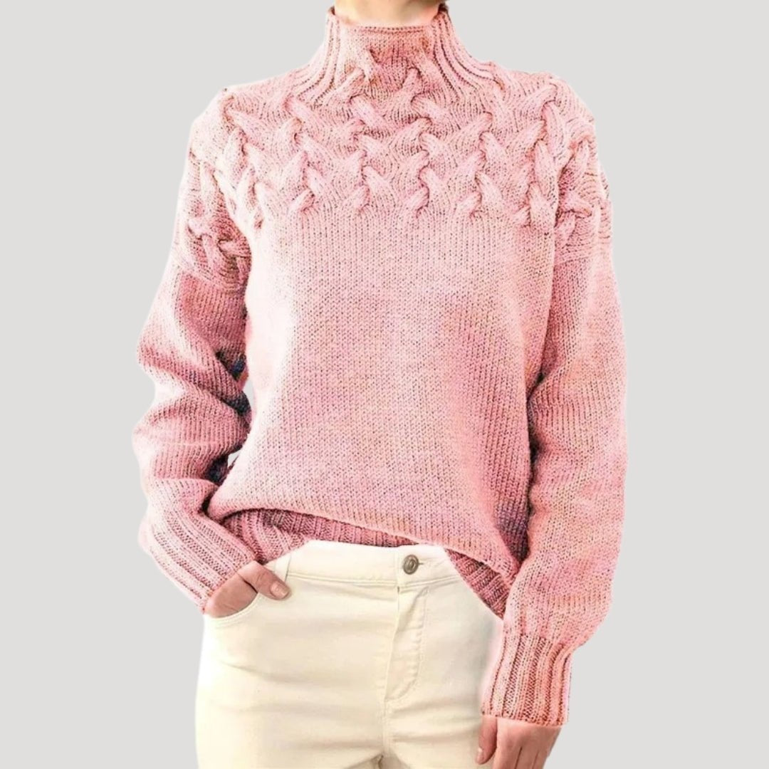 Women's Polo Neck Jumper, Cable Knit Shoulders Relaxed Fit