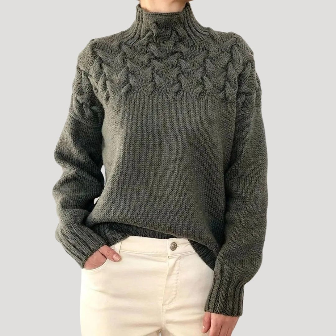 Women's Polo Neck Jumper, Cable Knit Shoulders Relaxed Fit