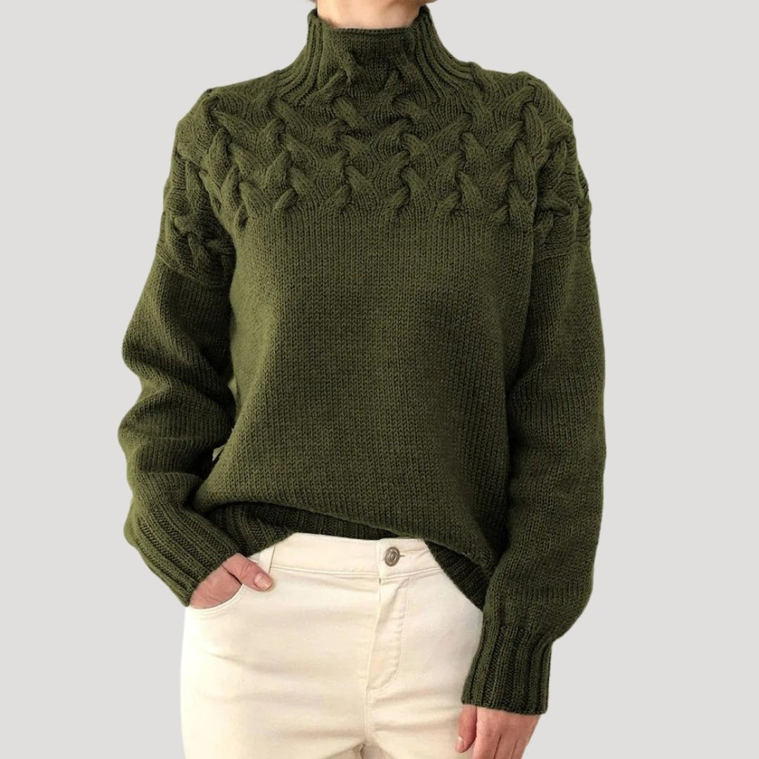 Women's Polo Neck Jumper, Cable Knit Shoulders Relaxed Fit